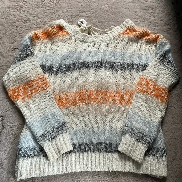 Anthropologie Meadow Rue Kennedy Fuzzy Knit Stripe Back Bow Sweater sz M Orange - Picture 2 of 11